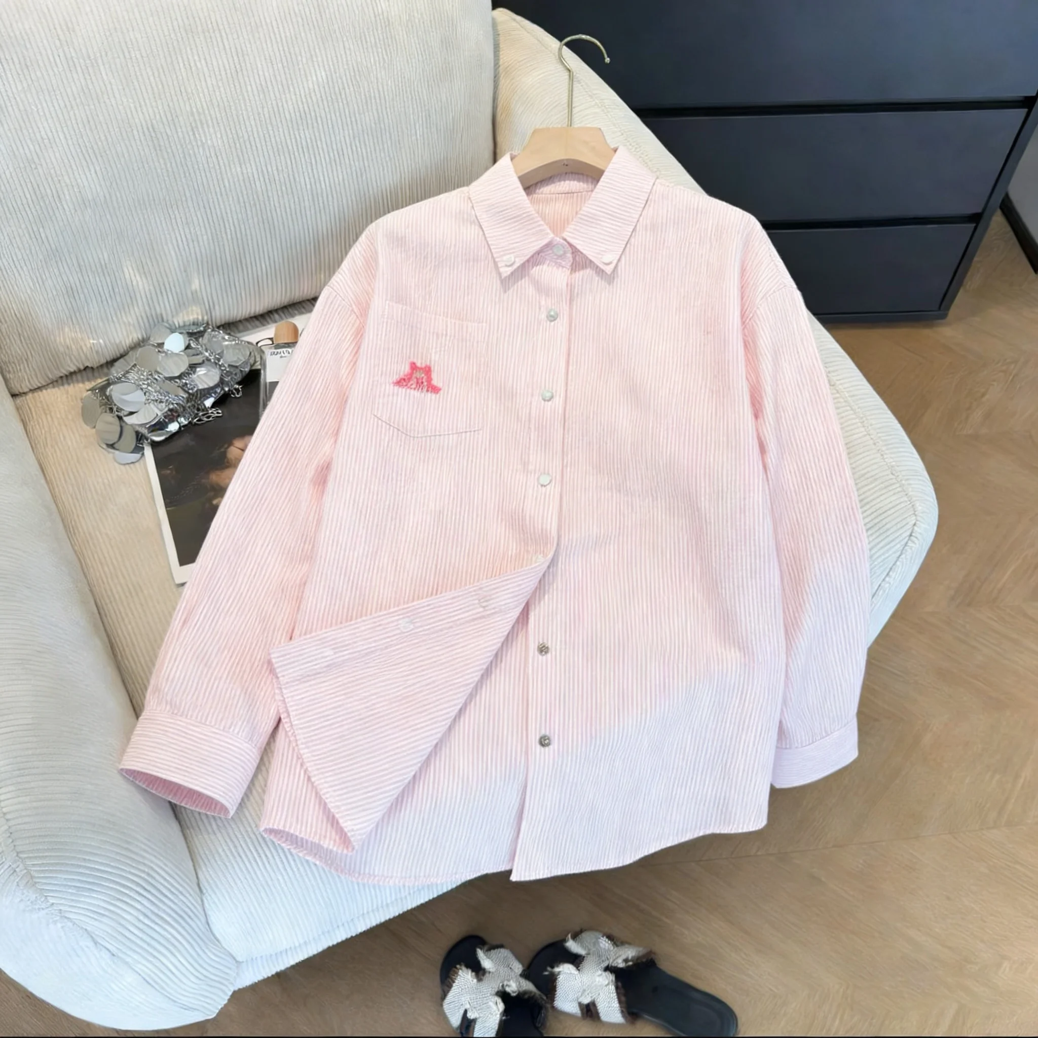 

American Retro Pink Vertical Stripes Splicing Collar Men's Casual Loose Long Sve irt Sweet Spring Autumn irt