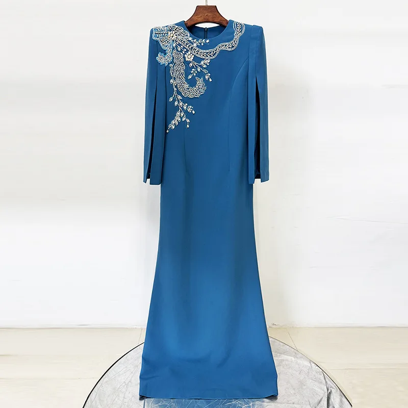 Evening Long Dress 2026 New European and American Style Split Sleeve Heavy Industry Beads Diamond-Embedded Long Dress