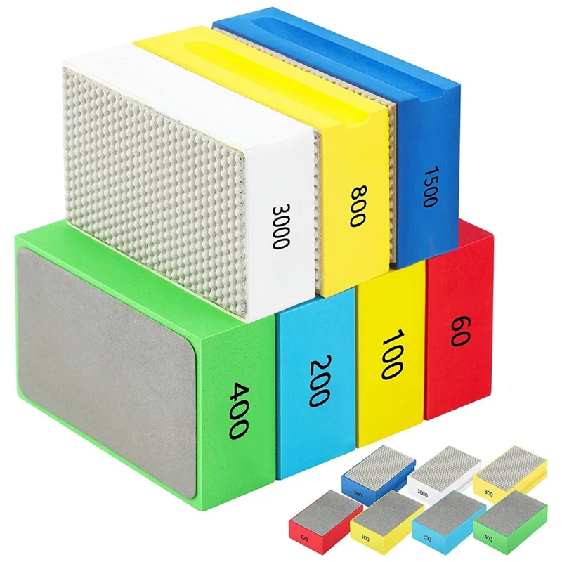 

7 Pcs Diamond Hand Polishing Pads 60/100/200/400/800/1500/3000 Grit Diamond Sanding Pads Wet And Dry Sanding Block-ABRO