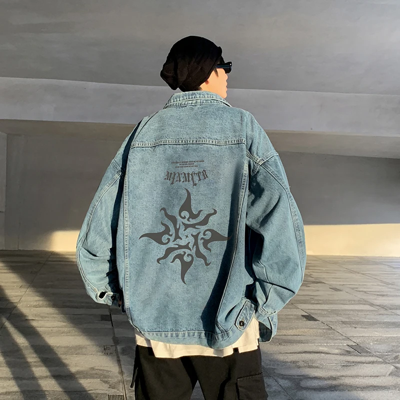 

Мужская джинсовая куртка в американском стиле High Street, весенне-осенняя, оверсайз, в стиле рабочей одежды, ретро, модная, с длинными рукавами и отложным воротником