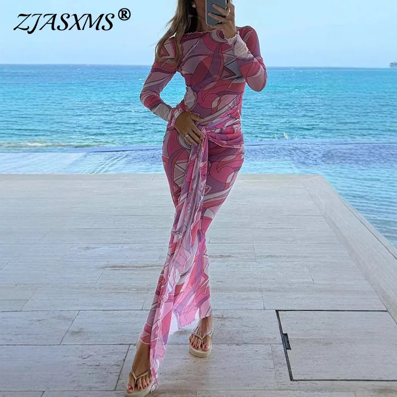 Nuove vacanze estive Abiti lunghi da spiaggia Donna Sexy Lace-up Slim Fit Fianchi Abito Primavera O Collo Manica lunga Maglia Boho Dress Abiti