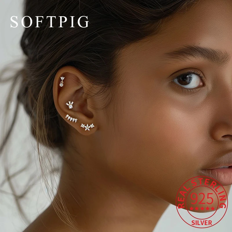 

SOFTPIG 1 Pcs Real 925 Sterling Silver Geometric Zircon Tiny Stud Earrings for Women Fine Jewelry Light Luxury Accessories