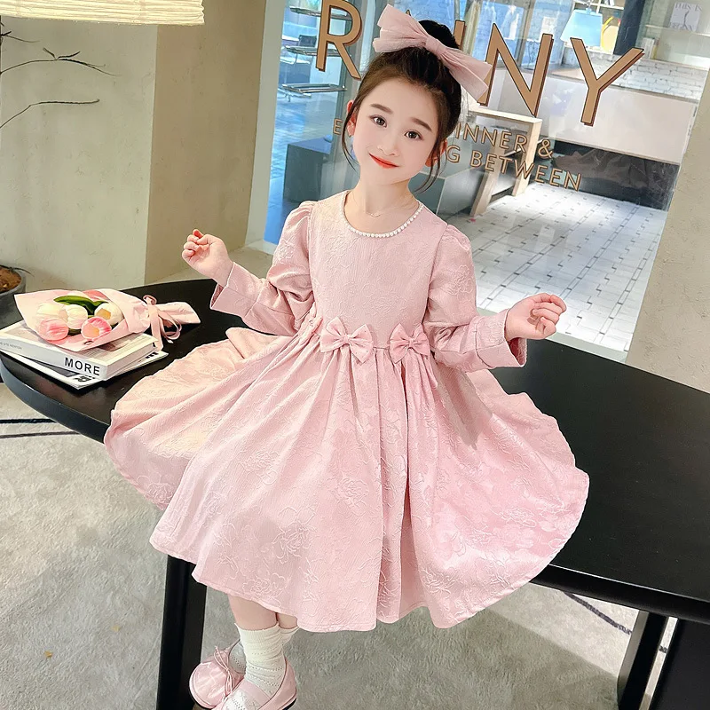 

Girls' Spring Dress2025New Style Children's Spring and Autumn Sweet Girl Long Sleeve Bow Princess Dress