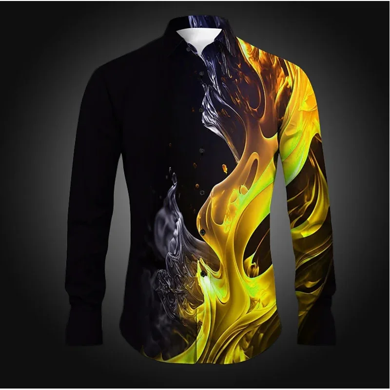 Summer Color Lines 3D Floral Print Men's Long Sleeve Shirt Single Row Zipper Fashion Design Long Sleeve Shirt