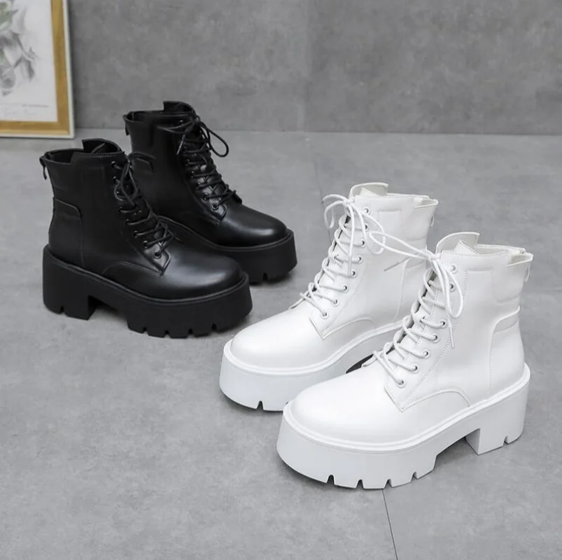 

Осенне-зимние женские ботильоны, непромокаемые короткие ботинки на платформе со шнуровкой на толстом каблуке, модные кожаные ботинки на высоком каблуке 6 см для женщин