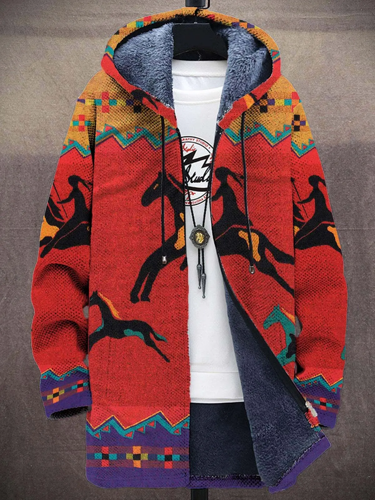 

Colorblock Galloping Horse Art Pattern Printed Plush Thick Sweater Zipper Coat Hoodies Fleece Lined Full Zipper Sweater Coats