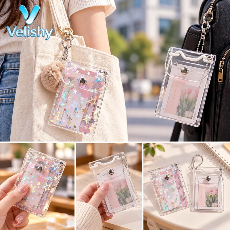 Glitter Star Transparent PVC Card Holder Snap Button Keychain Portable Waterproof Case For Kpop Photocards ID Credit Cards