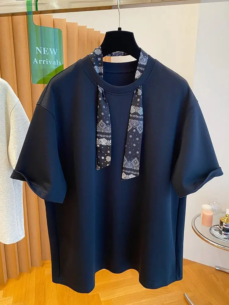 Y2K Chic Scarf Accent T-shirt Women 2026 Summer Loose Short Sleeve Unique Fashion Casual Basic Tops