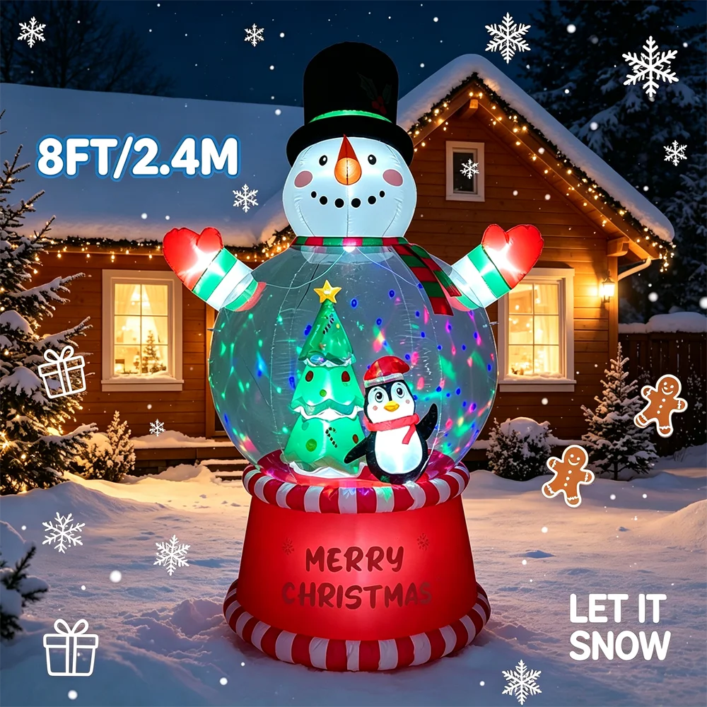 8FT Christmas Inflatable Model Snowman Snow Globe  Built-in LED Rotating Lights Holiday Party Decor for Outdoor Yard Garden