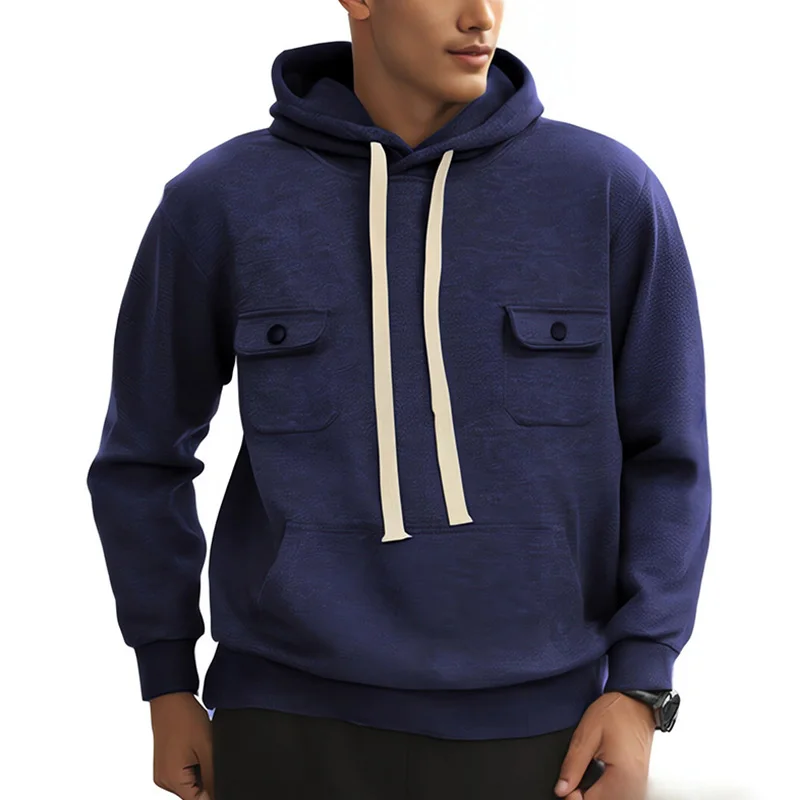 Men's American Sports Hooded Sweatshirt With Multiple Pockets Solid Color Fleece Warm Workwear Sweatshirt