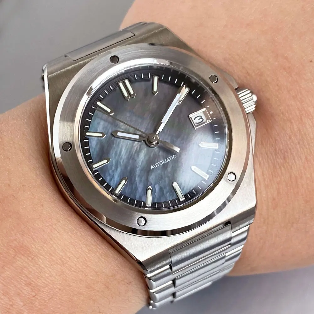 Customized Fashion Mother of Pearl Shell Dial Lume 40mm Sandblasted Case NH35 Mechanical Men Automatic Watch SapphireGlass 10ATM