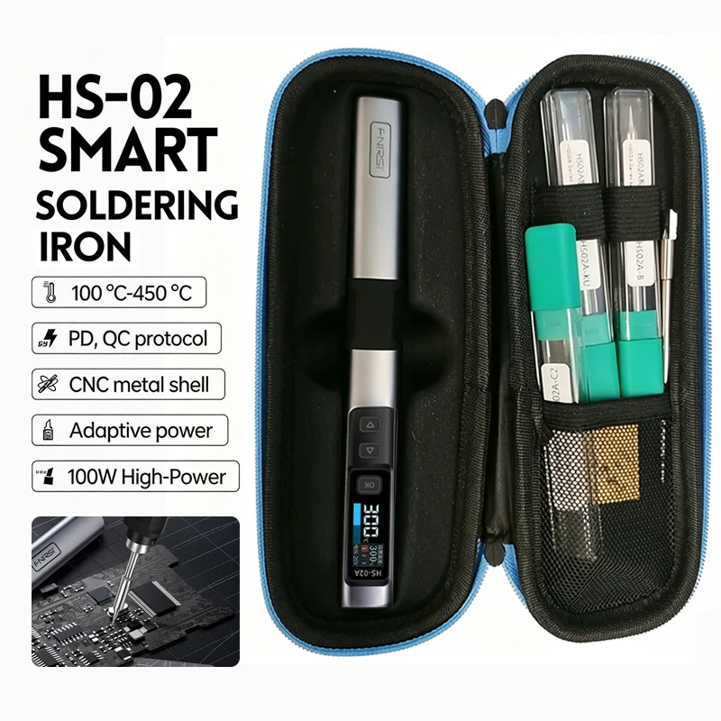 FNIRSI HS-02A HS-02B Electric Soldering Iron Adjustable Temperature Portable Digital Solder Station Tips 100W