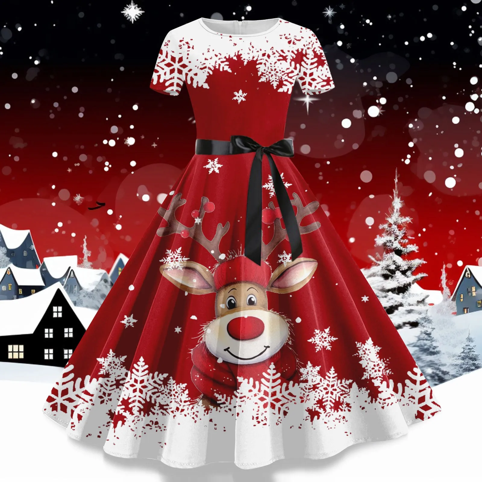 Red Christmas Dress Santa Claus Printed Deer Print Cocktail Party Dress for Women Casual Short Sleeve Swing Holiday Dress