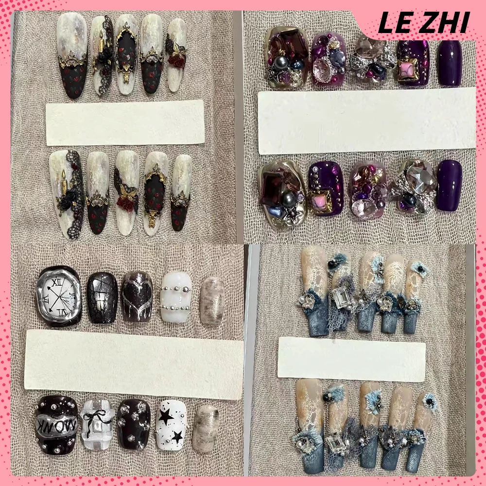 

Sweet Cool Handmade Short Square Ellipse Wearable Press On Nails Colorful Diamond Butterfly Bowknot Pearl Flower Fake Nails