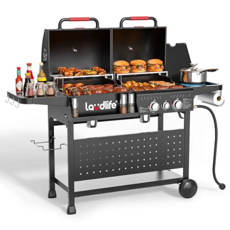 

Gas and Charcoal Grill Combo with Side Burner 3 Burners Propane BBQ Grill 748 SQ.IN Cooking Space Non-Stick Enamel Coating Grat