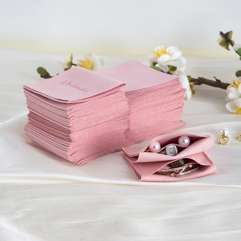 

Custom Logo Printing Small Pink Jewelry Velvet Envelope Earring Ring Storage Bag Microfiber Flap Jewellry Necklace Gift Pouch