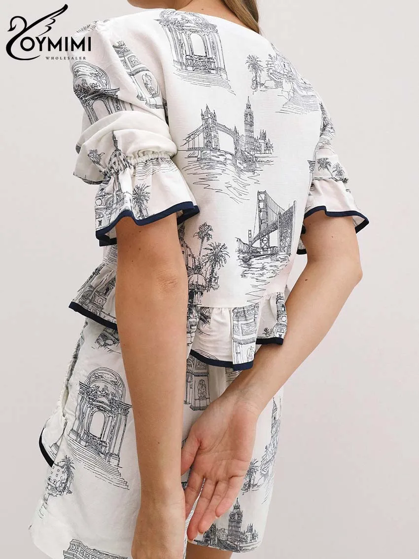 Oymimi Fashion White Print Two Piece Set For Women Elegant V-Neck Short Sleeve Patchwork Tops And High Waist Pockets Shorts Sets