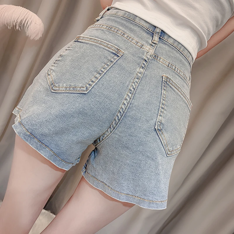 2024 Summer New Fashion Pearl Bead Denim Shorts vintage High Waist Casual Slim Split Jeans Shorts Fashion Denim Trousers Women