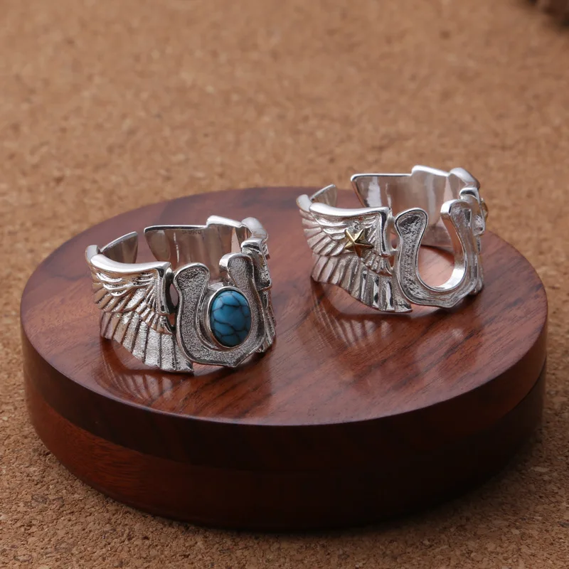 Factory wholesale S925 sterling silver ring fashion argent pur U-shaped letter wide Feather Men's Rings