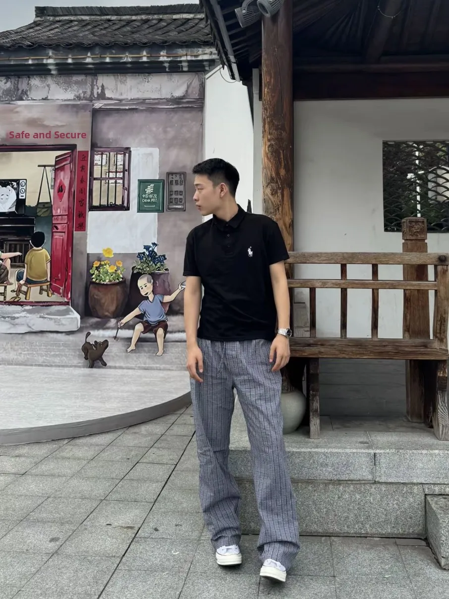 

American Sle Retro Bubble Cloth Plaid Pants Men's Casual Loose All-Match Sport Elastic Waist Flared Long Trousers