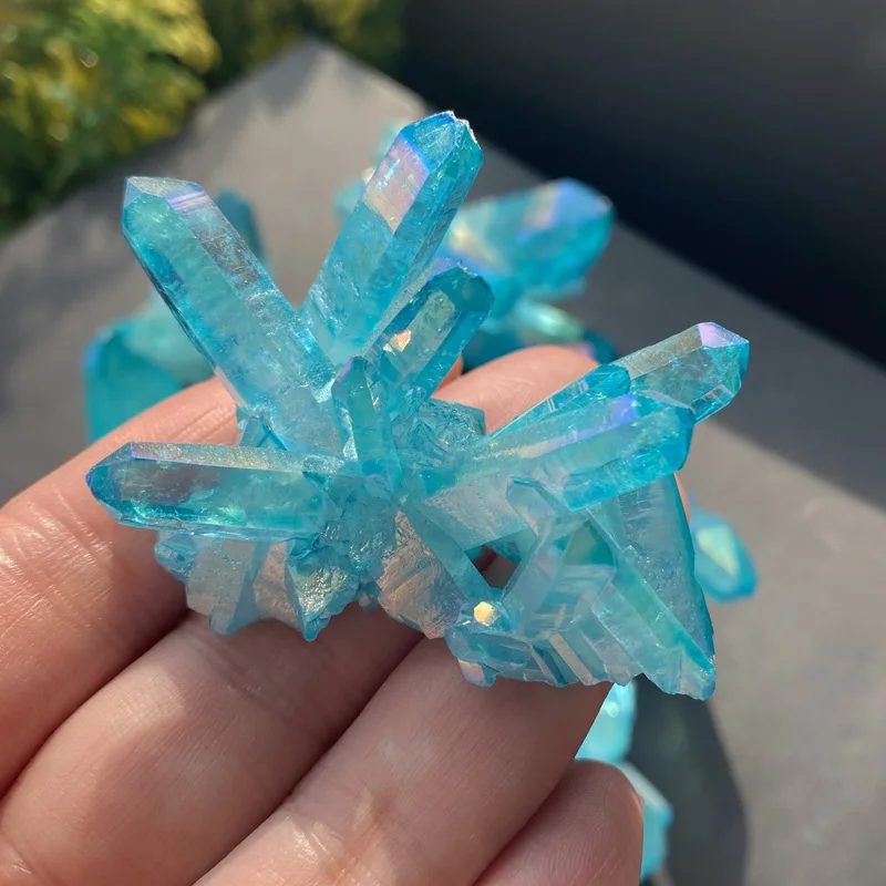 Natural Sky Blue Angel Aura Quartz Electroplating Titanium Crystal Cluster Stone Specimens Cured Coating Healing Crystals