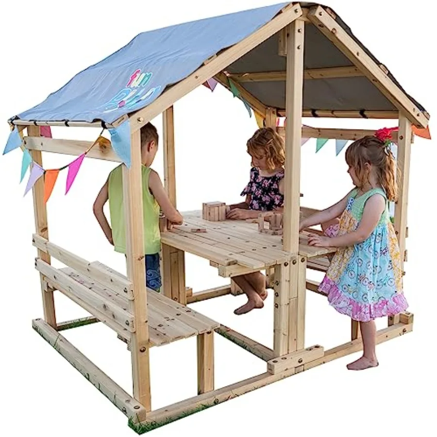 Outdoor playhouse for backyard use, made of durable wood, natural color, multifunctional with table and benches for fun play an