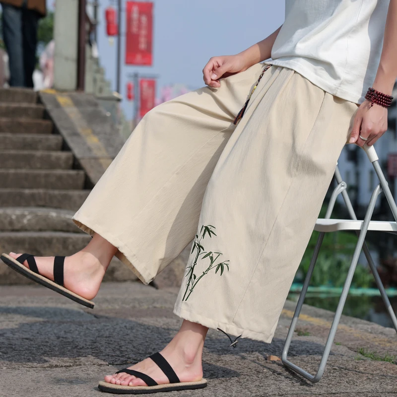 

Mens Wide Leg Pants Baggy Athletic Pants with Drawstring Lightweight Summer Streetwear Bamboo Embroried Trousers M-XXXXXL Plus