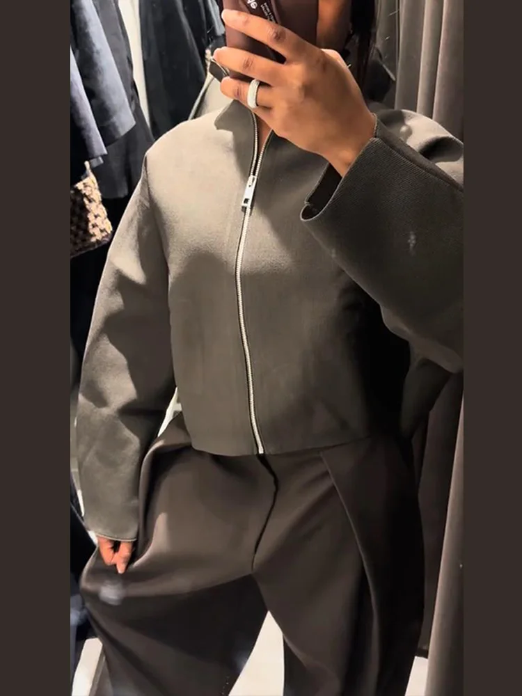 Stand Collar Women's Cropped Jacket Zipper Loose Full Sleeve Thick Warm Coat 2025 Autumn Winter Lady New in Outwear