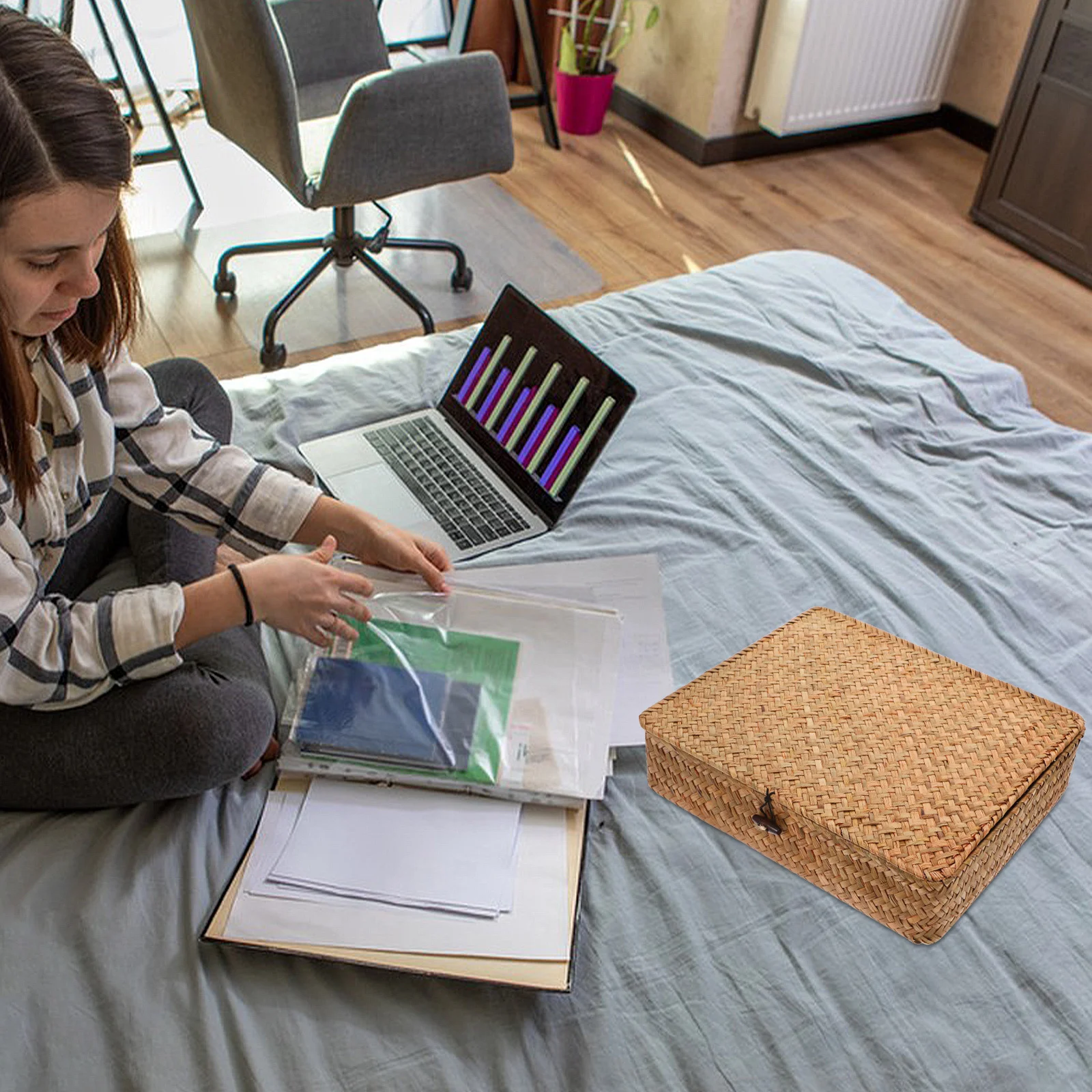 

2Pcs Seagrass Storage Box Lid Organizer Household Bathroom Desktop Supplies Natural Elegance Multipurpose Decorative Bins