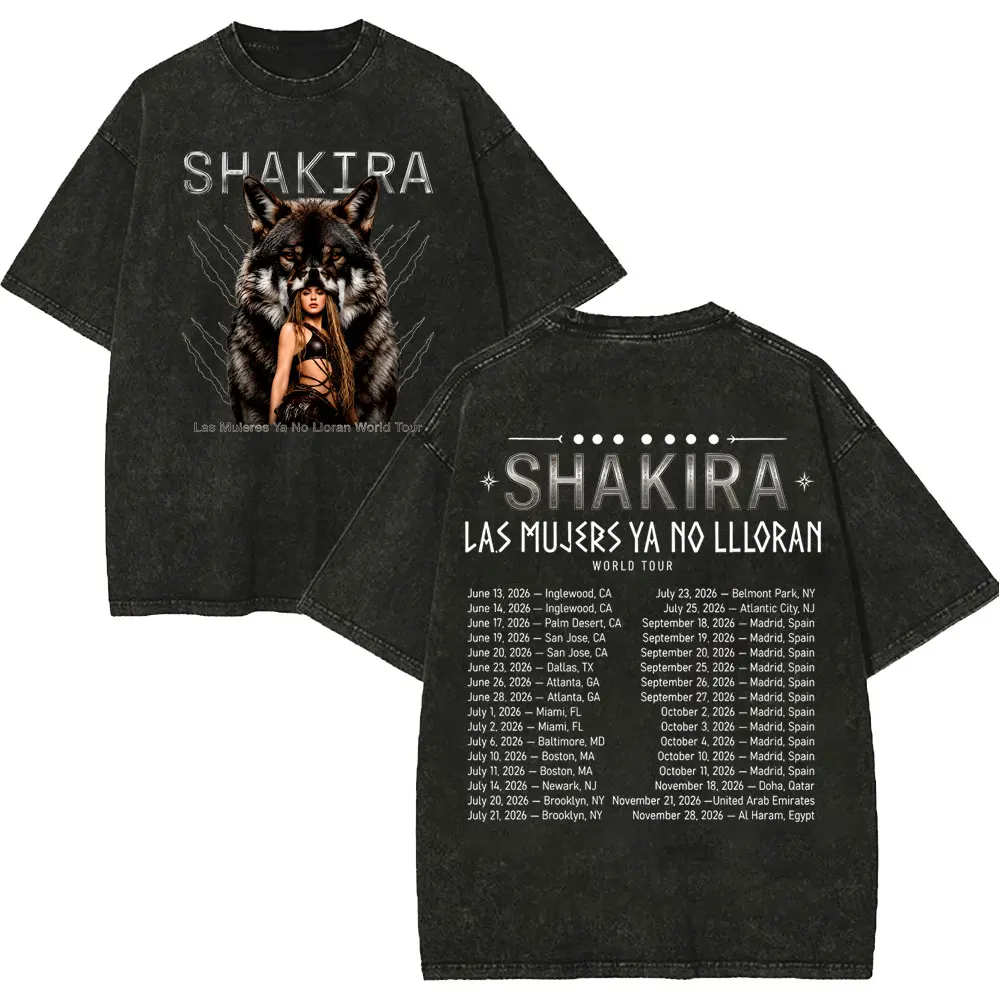 Vintage Washed Shakira Las Mujeres Ya No Lloran World Tour 2026 Merch T-shirts Men Women High Quality Fashion Oversized T-shirt