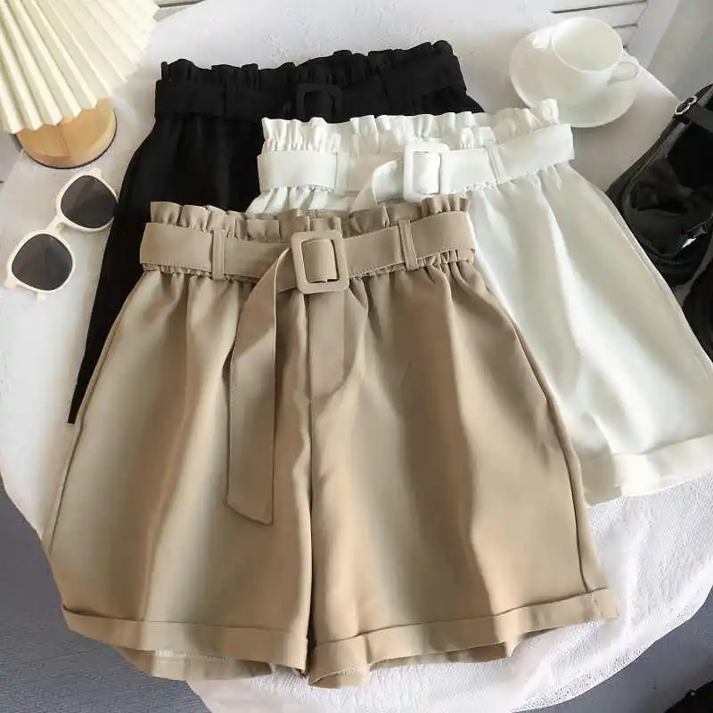 Women's Khaki A-line Shorts Vintage Harajuku Shorts with Belt Aesthetic Office Ladies Y2k Mini Short Pants 2000s Clothes Summer