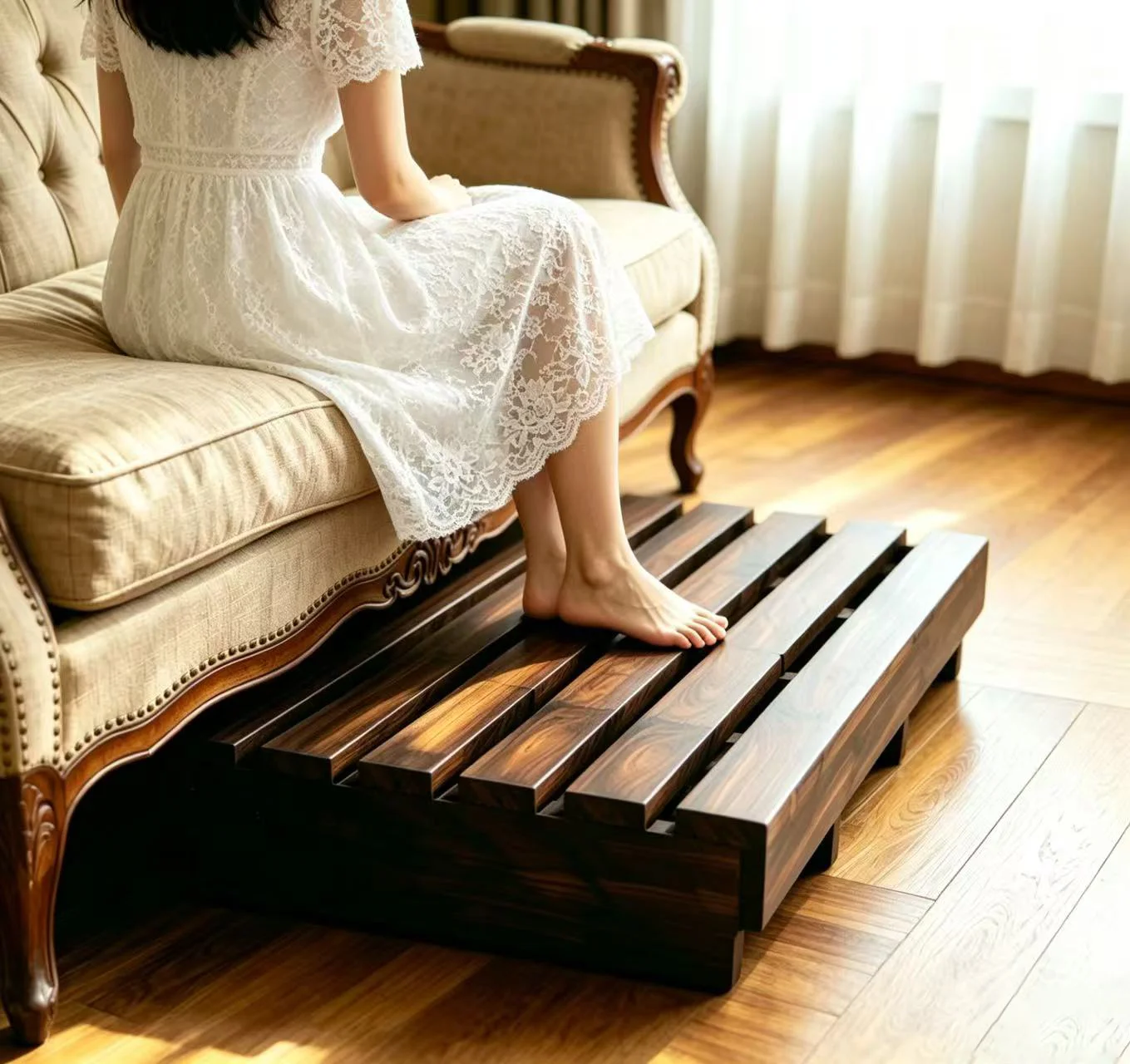Natural Wood Slatted Foot Rest Ergonomic Step Stool Under Desk Bed Sofa Foot Pad for Home Office Use