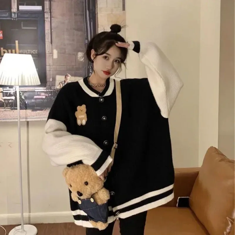 Patchwork Sweater Women Preppy Style Button Long Sleeve Sweatshirt Loose Knitted Baseball Japanese Casual Sweet Jacket