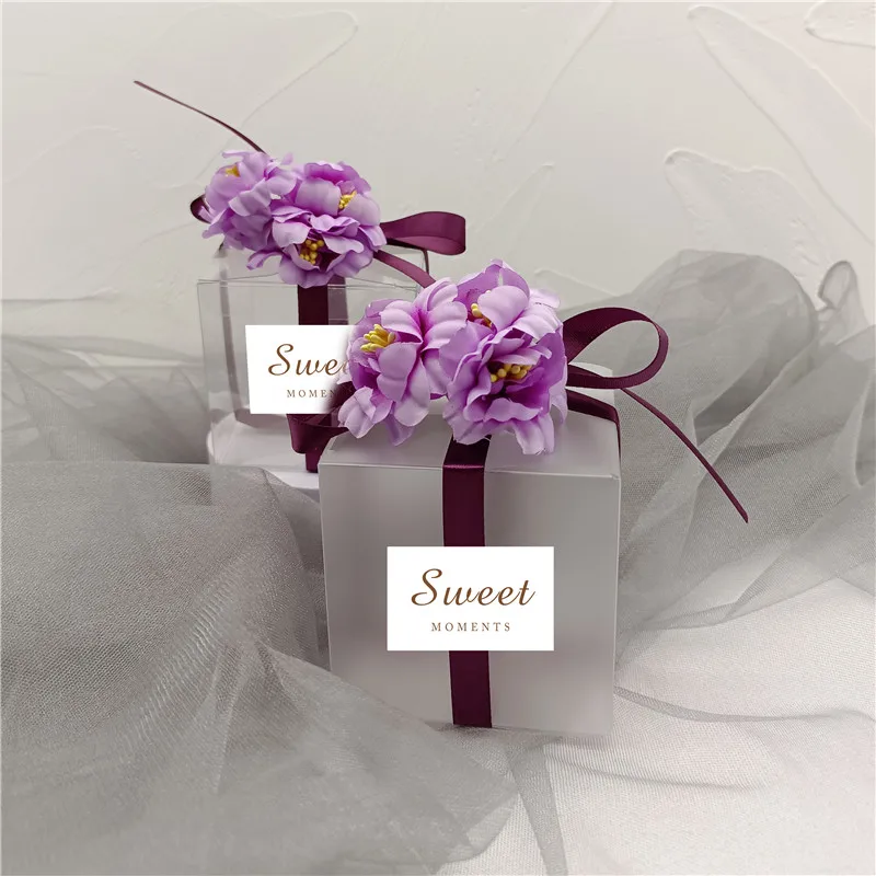 20/30/50pcs Purple Ribbon Matte PVC Boxes with Sticker Sweet Moments Printed Red Flower Graduation Gift Box for Wedding souvenir