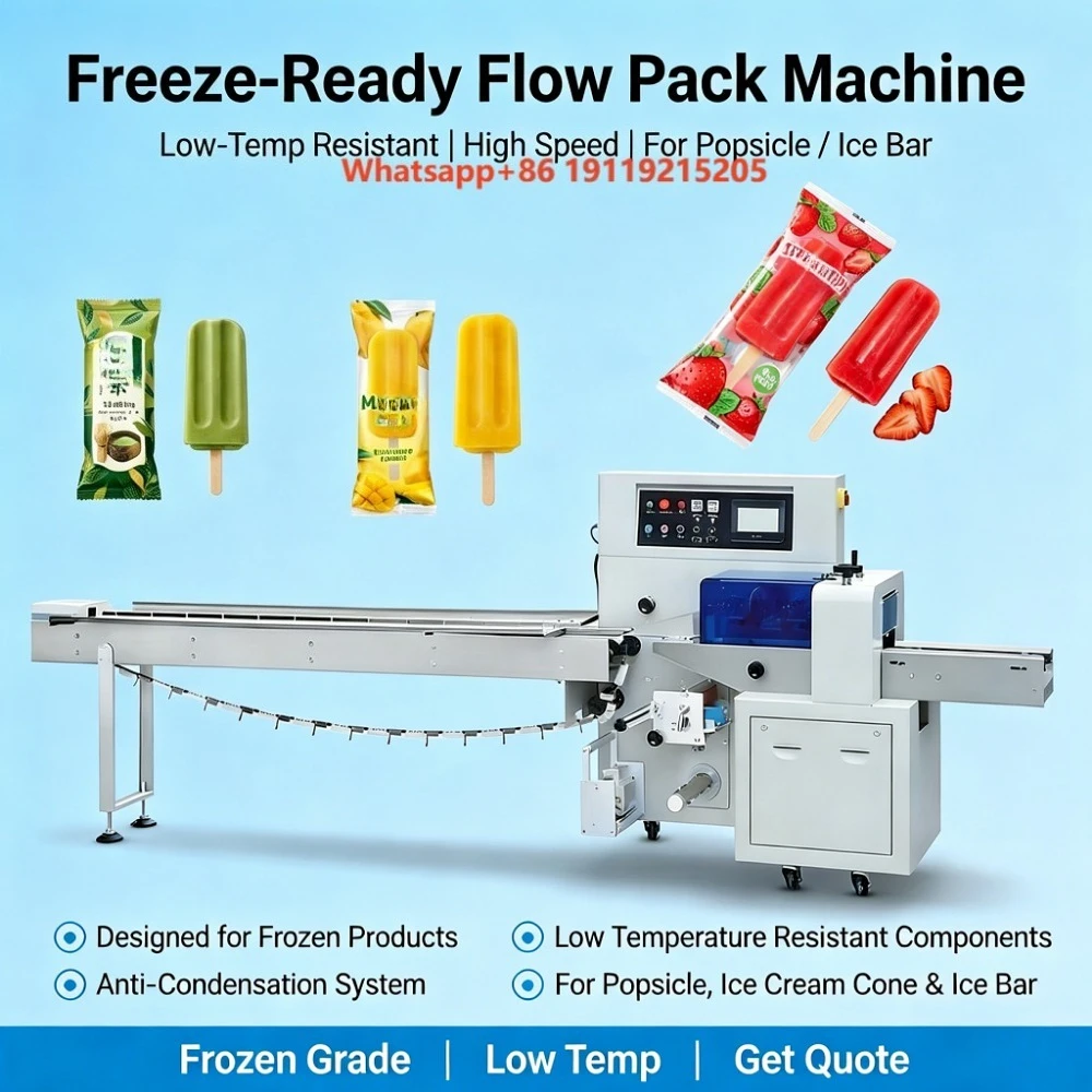 High Speed Automatic Flow Pack Machine for Popsicle Ice Cream Cone Ice Bar Frozen Food Packaging Pillow Wrapping Equipment