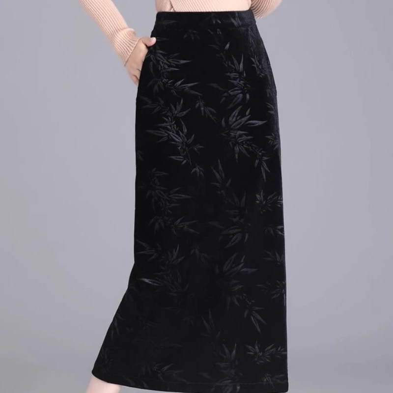 Falda de hilo dental con estampado de temperatura para mujer Falda midi con cintura elástica y doble bolsillo con abertura lateral