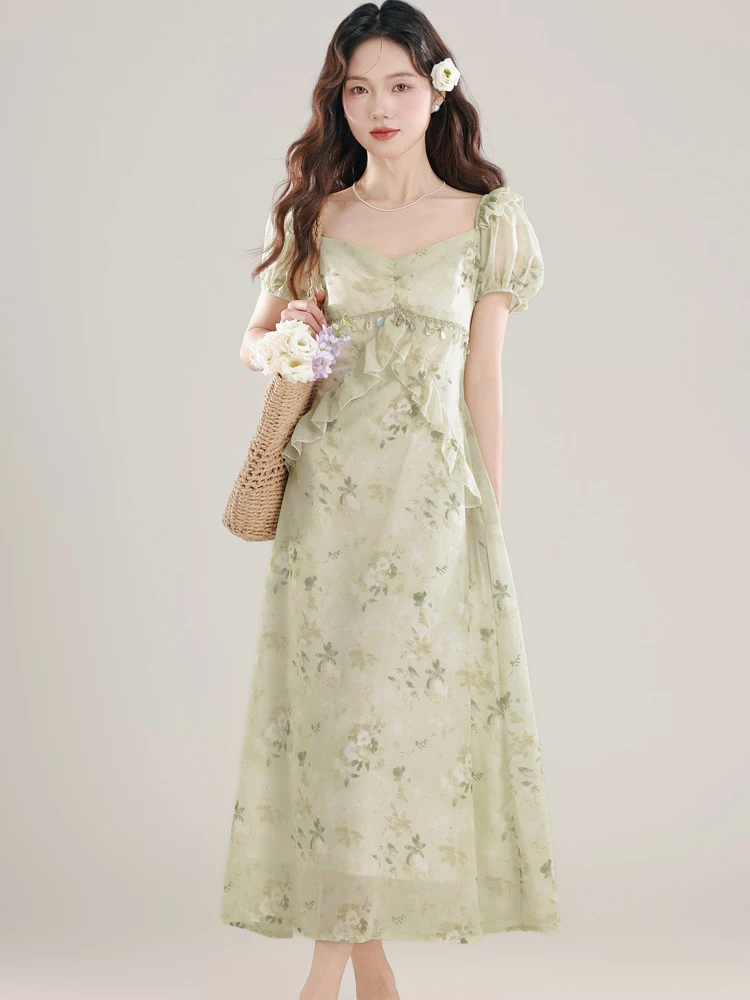 Zomer Groene Bloemen Chic Diamons Ruches Jurk Vrouwen Bladerdeeg Mouw Vierkante Kraag Casual Jurk 2023 Koreaanse Mode Bodycon Vestidos