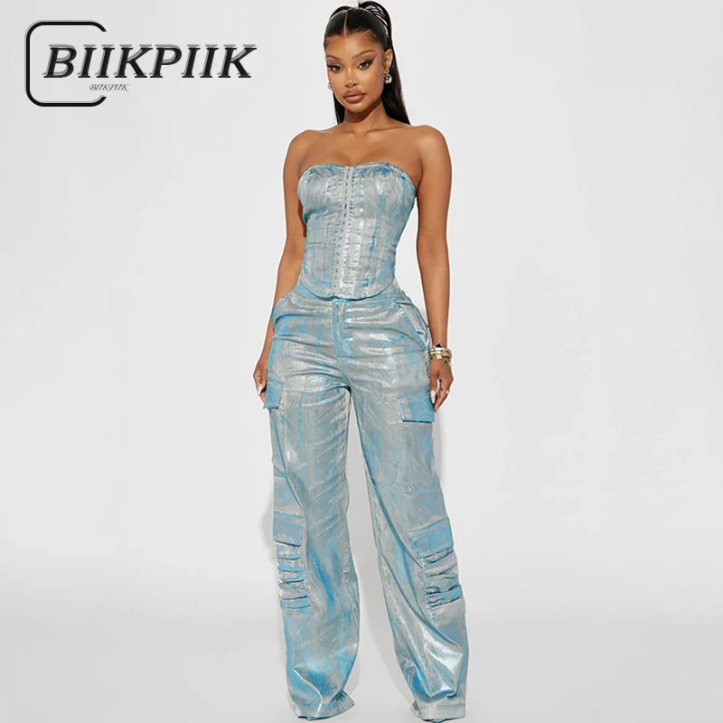 BIIKPIIK Sexy Silver Coated Denim Women Sets Casual Skinny Tank Top + Pockets Pants Autumn Streetwear Bling Fashion Outfits Y2K