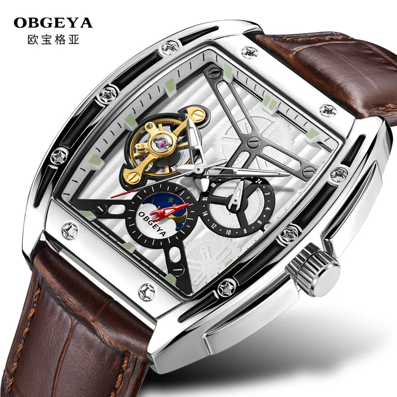 

Swiss Opalga Automatic Watch - Leather Strap Skeleton Luminous Watch, Waterproof Tonneau Men's Watch