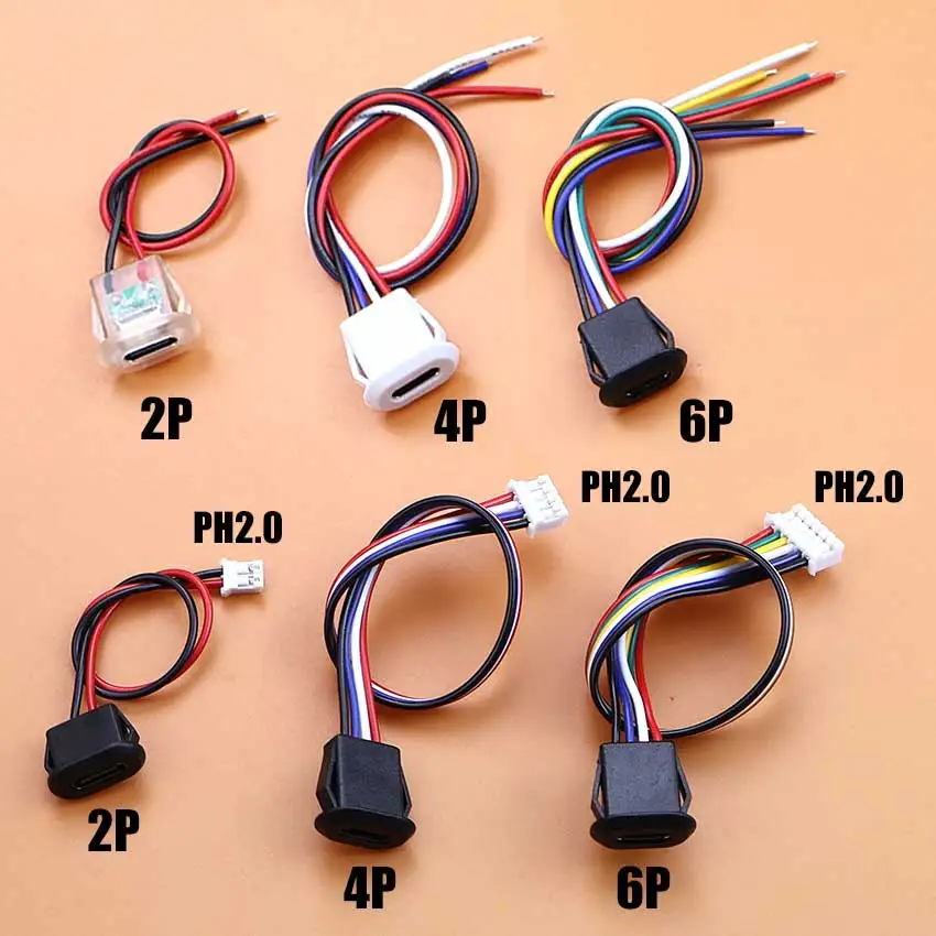 1/5pcs 2/4/6Pin USB Type-C Female Connector Type C Jack With Card Buckle DIY Cable PH2.0 Charging Port USB-C Charger Plug Socket