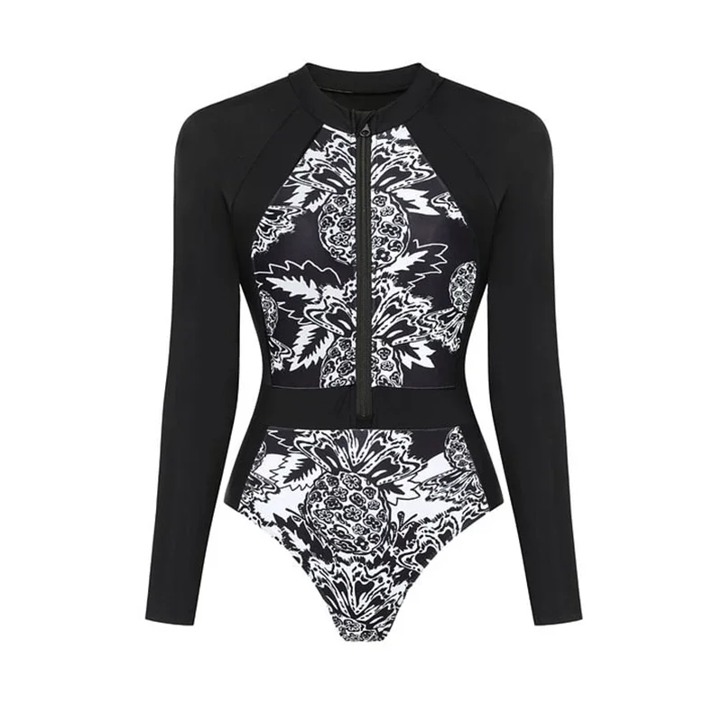 Surf esporte maiô cor bloco impresso manga longa uma peça maiô de surf e saia monokini maiô bodysuit