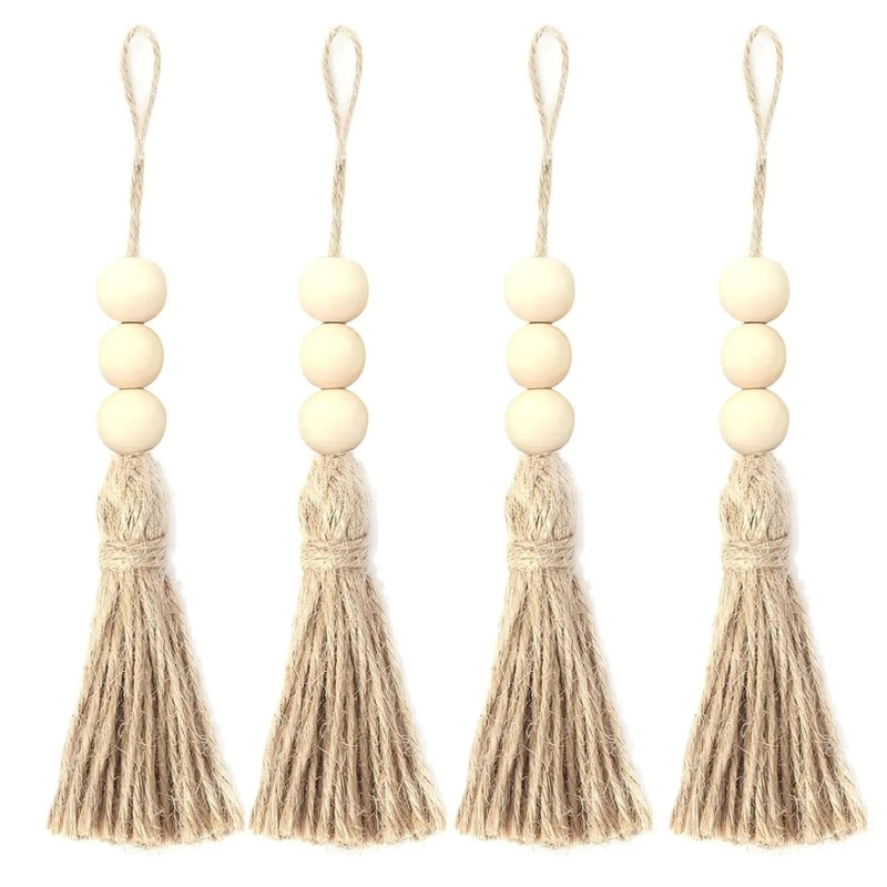 Pack of 4 Tassels Wooden Beads Garlands Cotton Decorative Handle Decorations Tassels Beads Pendants for Cabinet Door M68E