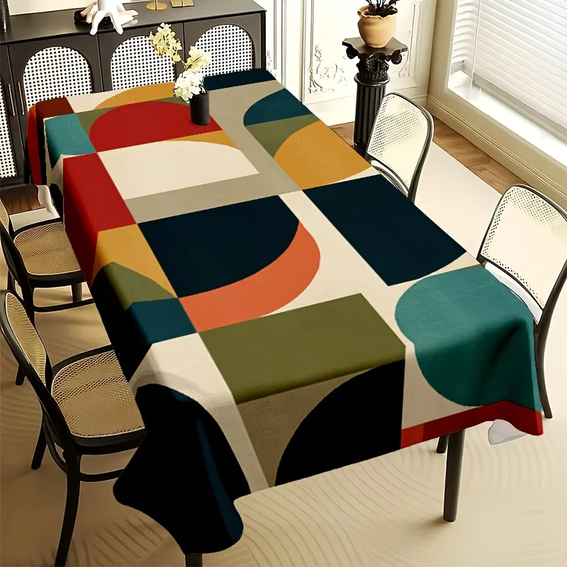 Mid Century Geometric Tablecloth, Color Block With Semicircle Print, Rectangular Table Cover for Dining Kitchen Home Decor