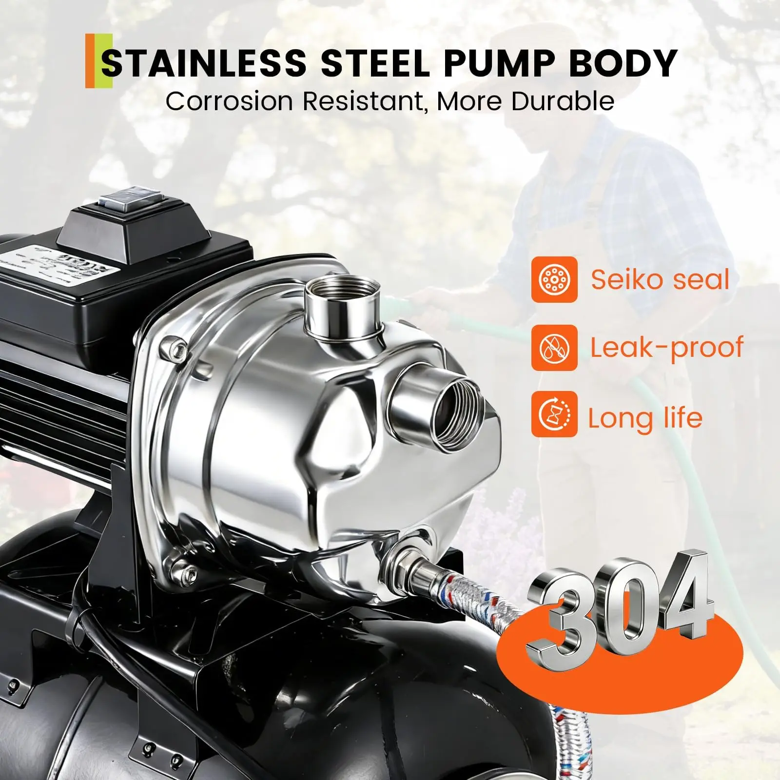 High-Efficiency Stainless Steel Shallow Well Jet Pump with Pressure Tank – High-Capacity Automatic Water Booster, 130ft Max Lift, 20ft Suction, Pressure Switch – Heavy-Duty, Corrosion-Resistant – Ideal for Home, Garden, Irrigation, and Farm