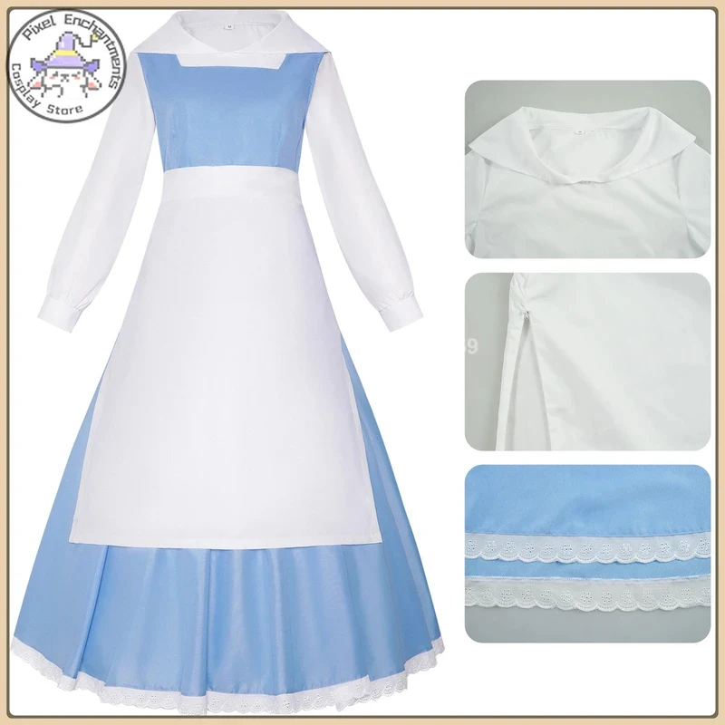 

ABC123Vintage Animated Princess Belle Role Playing Costume Halloween Blue Maid Dress Full Set High Quality Comic Con P3;b,6/k'5;