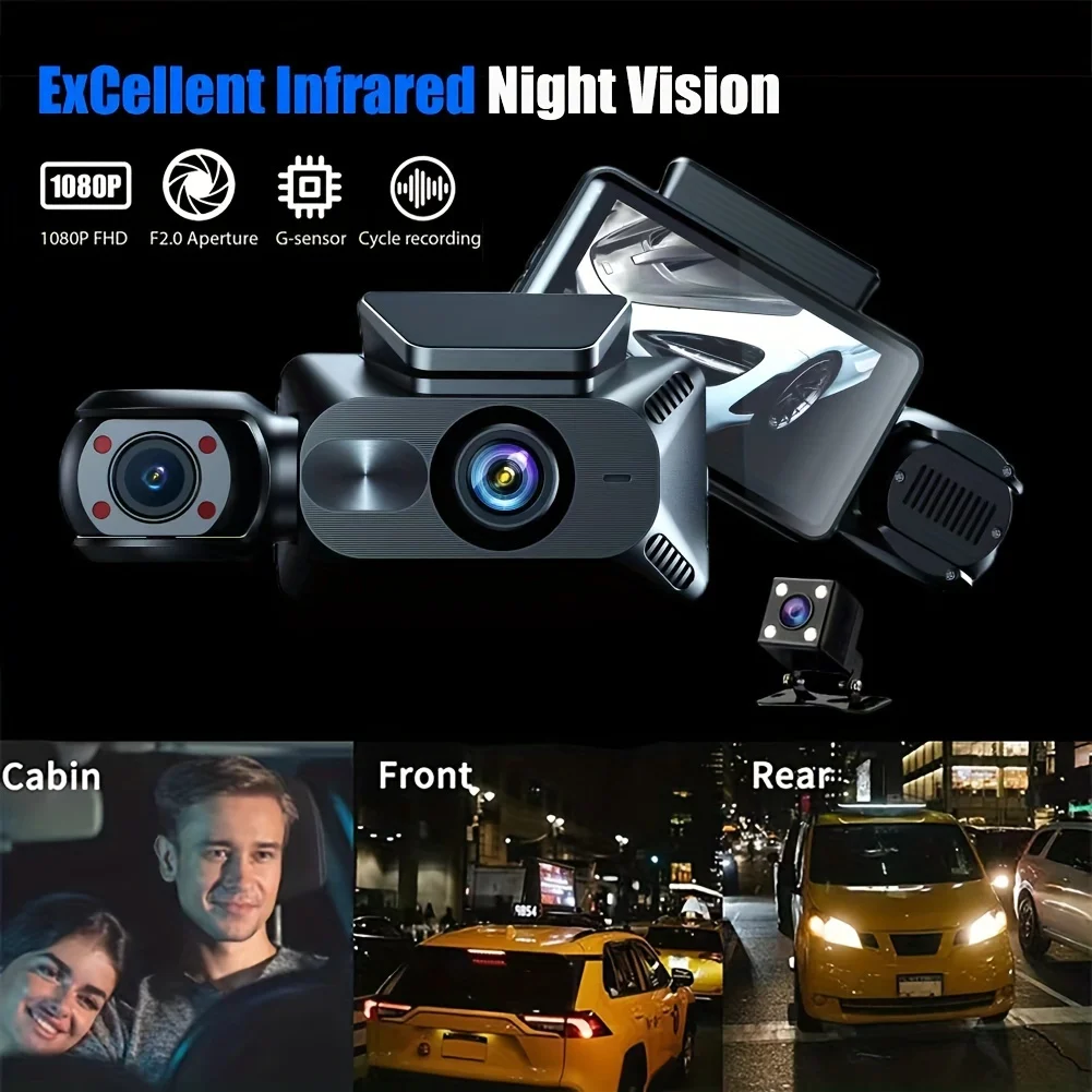 3 Channel Dashcam Full HD 1080P Front  Interior And Rear 3.0-inch IPS Screen G-sensor Infrared Night Vision Car DVR