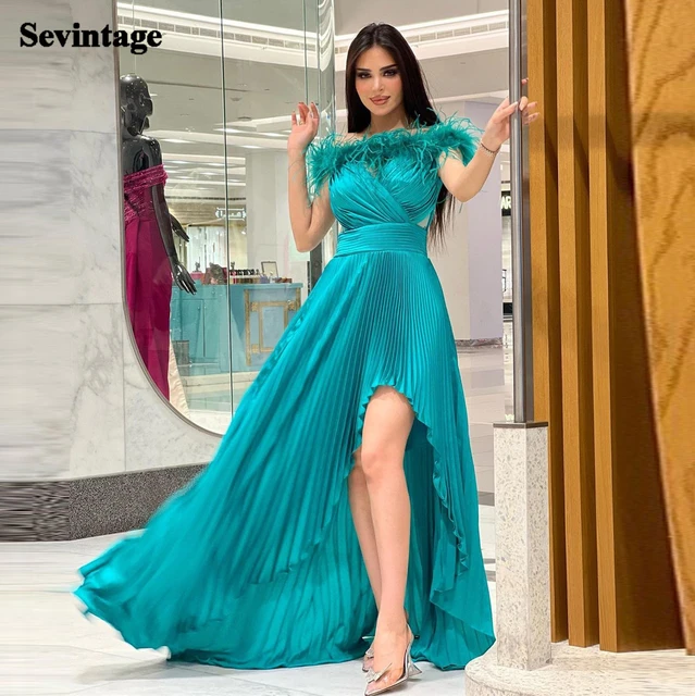 Robe de Soiree en Mousseline de Soie Bleue Sarcelle pour Femme Tenue de Bal Col Bateau Plumes Plissees Fente Laterale Froncee Formelle 2023 AliExpress