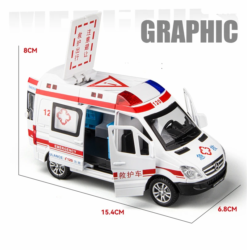 1:34 FORD Transit Alloy Ambulance Vehicles Car Model Diecast Metal Toy Broadcast Car Model Simulation Sound and Light Kids Gifts