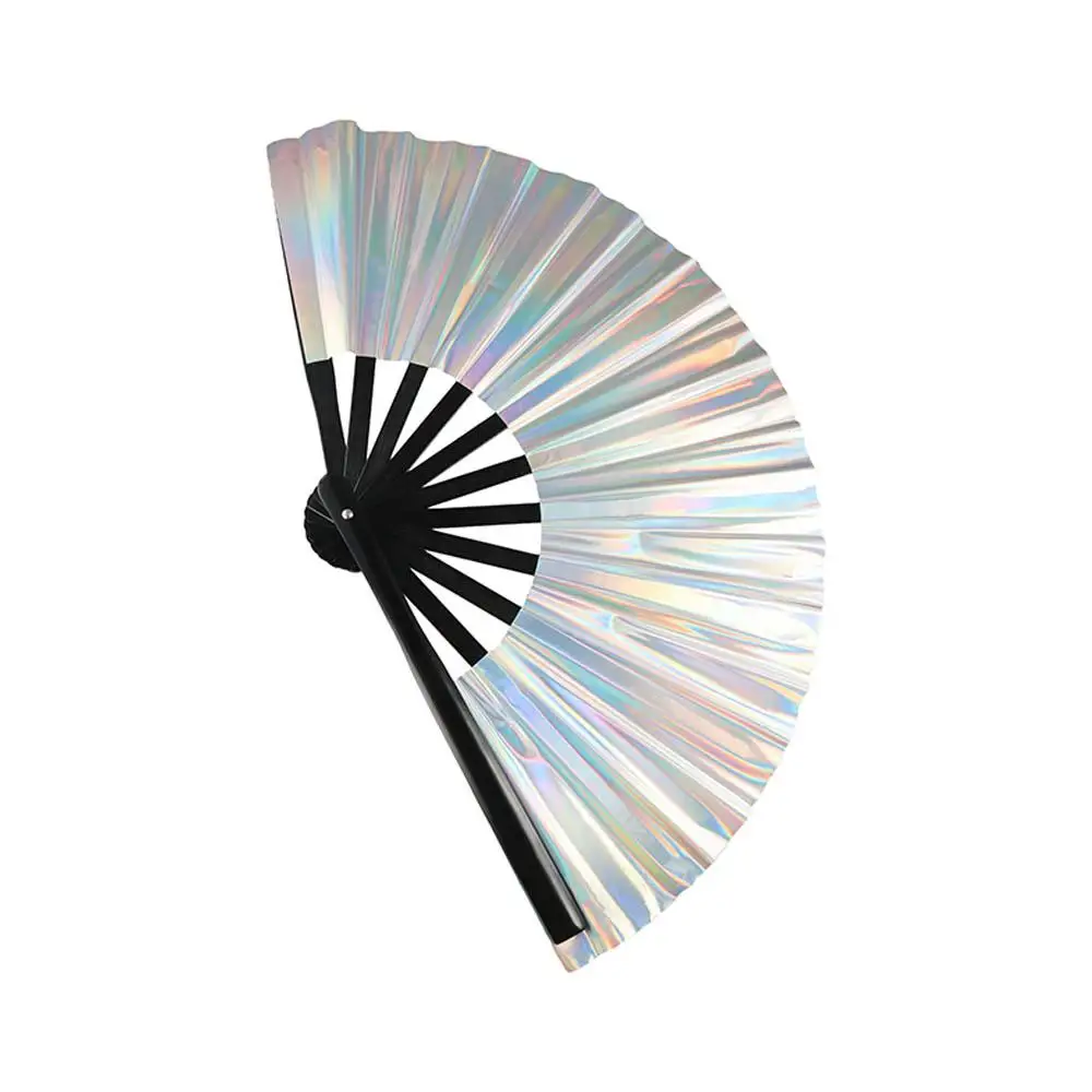 

Reflective Gradient Colorful Laser Colors Hand Fan Bamboo Handle PVC Folding Hand Large Size Dancing Fan Disco