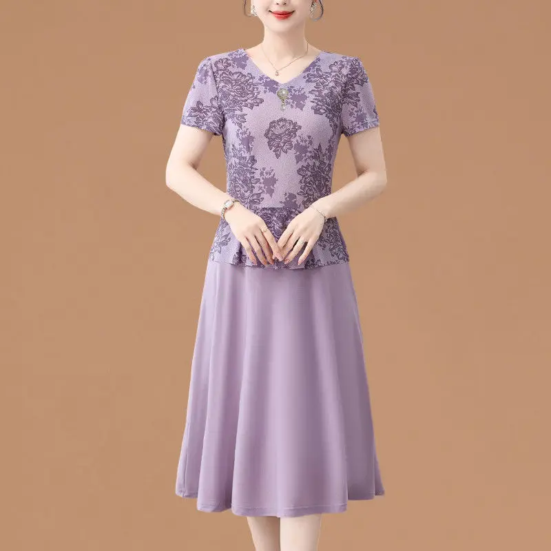 

Elegant V-Neck Printed Spliced Fake Two Pieces Party Dress Women's Clothing Summer New Loose Office Lady Short Sleeve Dress
